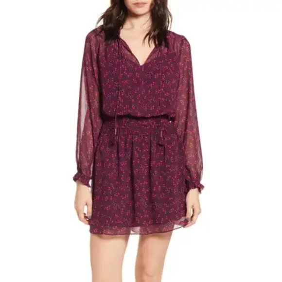 Socialite Dresses & Skirts - 🆕💟 Long Sleeve Smocked Waist Chiffon Dress | Wine Magenta Floral | Size Small